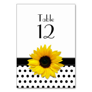 Yellow Sunflower Black White Polka Dot Wedding Table Number