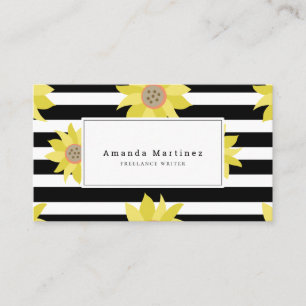 Yellow Sunflower Black & White Stripes Business Card