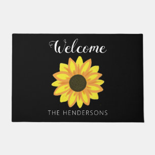 Yellow Sunflower Bloom Black Welcome Family Name Doormat