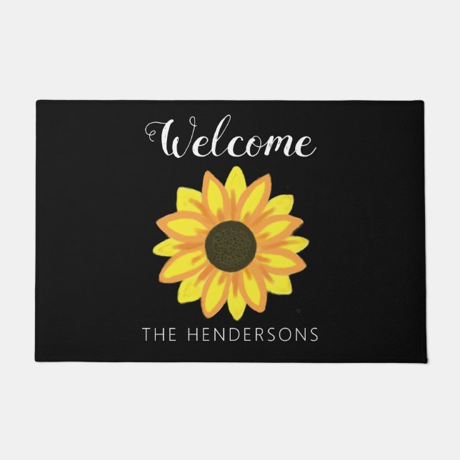Yellow Sunflower Bloom Black Welcome Family Name   Doormat (Front)