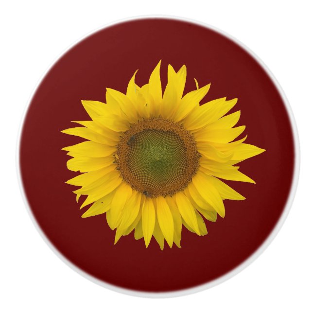 Yellow Sunflower Bloom Country Burgundy Ceramic Knob (Front)
