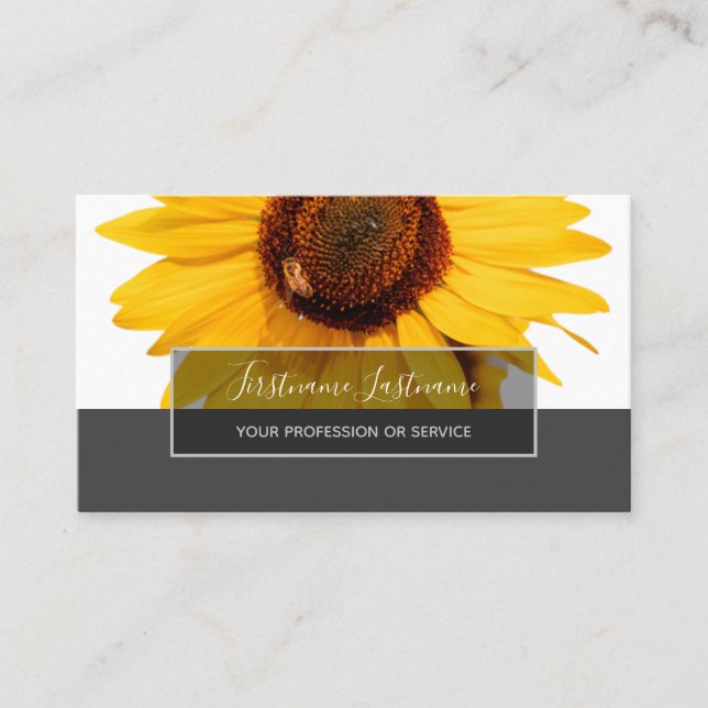 Yellow sunflower blossom elegant grey rectangle business card (Front)