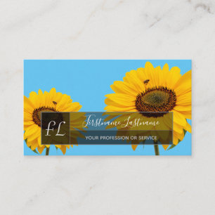 Yellow sunflower blossoms blue monogram rectangle business card