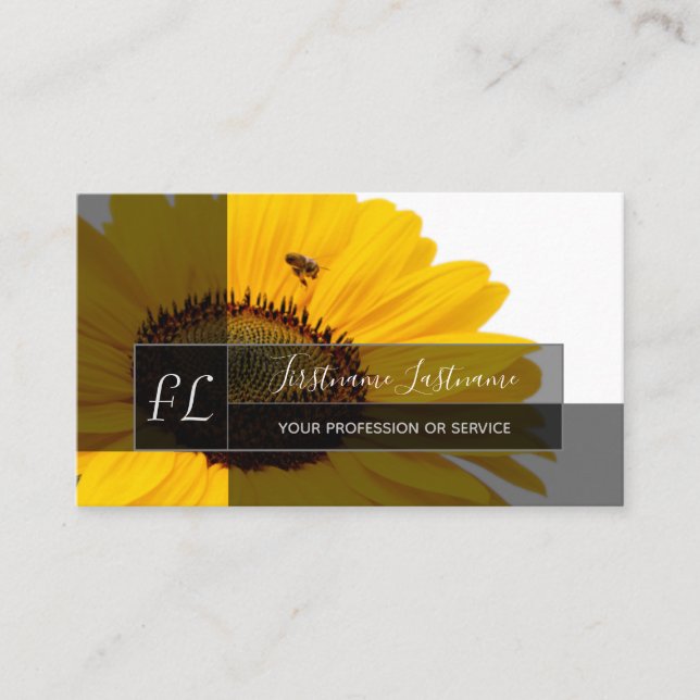 Yellow sunflower blossoms blue monogram rectangle business card (Front)