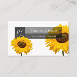 Yellow sunflower blossoms blue monogram rectangle  business card