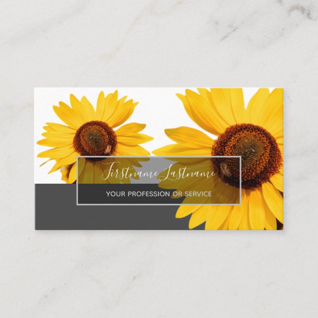 Yellow sunflower blossoms elegant grey rectangle business card (Front)
