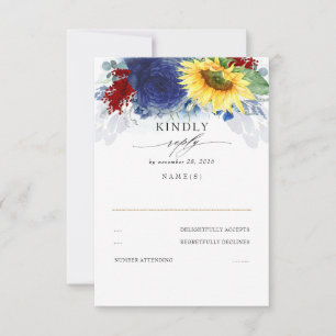 Yellow Sunflower Blue and Red Fall Wedding RSVP Card