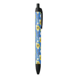 Yellow Sunflower Blue Background Flower Floral Black Ink Pen