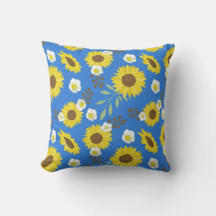 Yellow Sunflower Blue Background Flower Floral Cushion