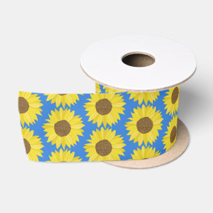 Yellow Sunflower Blue Background Flower Floral Satin Ribbon