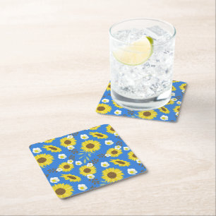 Yellow Sunflower Blue Background Flower Floral Square Paper Coaster