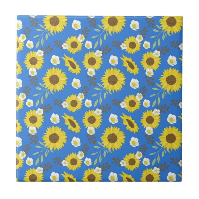 Yellow Sunflower Blue Background Flower Floral Tile (Front)