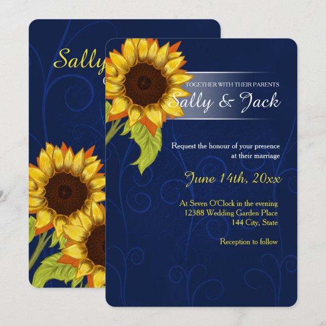 Yellow sunflower/blue background wedding invitation (Front/Back)