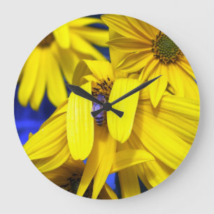 Yellow Sunflower, Blue Bee Wall Clock