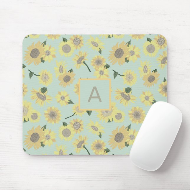 Yellow Sunflower Blue Floral Flower Monogram Mouse Mat (With Mouse)