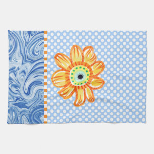 Yellow Sunflower Blue Polkadot Kitchen Towel