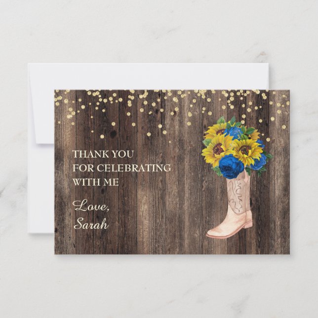 Yellow Sunflower Blue Roses Boots Wood Thank You Card (Front)