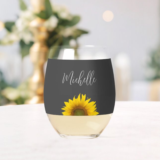 Yellow Sunflower Botanical Simple Grey Stemless Wine Glass (Insitu (Wedding))