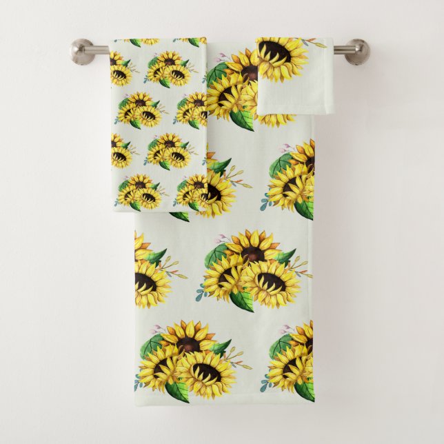 Yellow Sunflower Bouquet in Watercolor Bath Towel Set (Insitu)