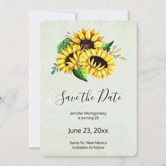 Yellow Sunflower Bouquet in Watercolor Birthday Save The Date (Front)