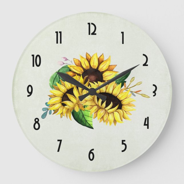 Yellow Sunflower Bouquet in Watercolor Large Clock (Front)