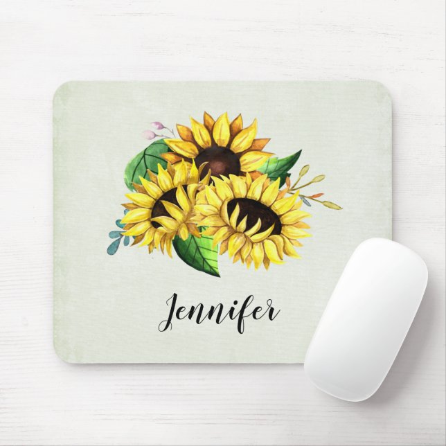 Yellow Sunflower Bouquet in Watercolor Mouse Mat (With Mouse)