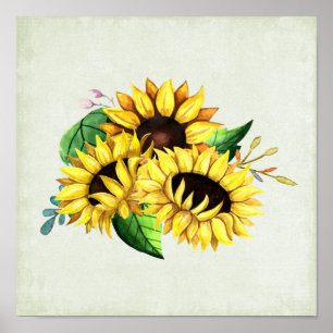 Yellow Sunflower Bouquet in Watercolor Poster