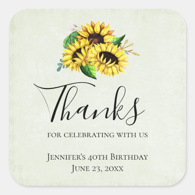 Yellow Sunflower Bouquet in Watercolor Thank You Square Sticker (Front)