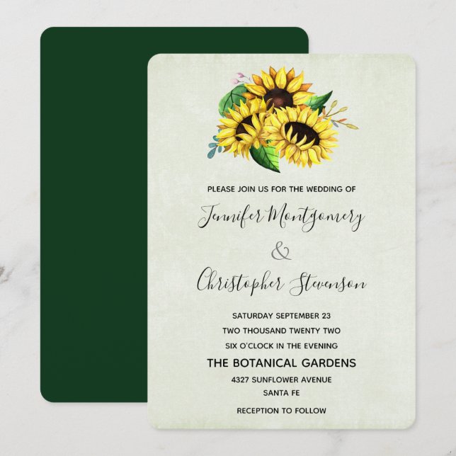 Yellow Sunflower Bouquet in Watercolor Wedding Invitation (Front/Back)