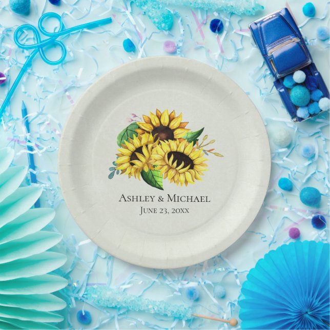 Yellow Sunflower Bouquet in Watercolor Wedding Paper Plate (Party)