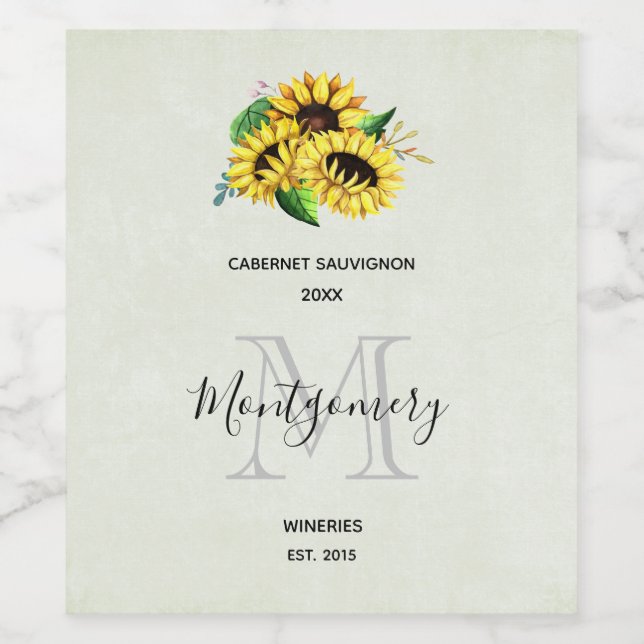 Yellow Sunflower Bouquet in Watercolor Wine Making Label (Single Label)
