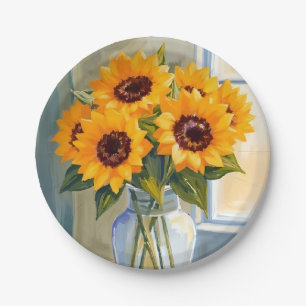 Yellow Sunflower Bouquet Watercolor Floral Paper Plate
