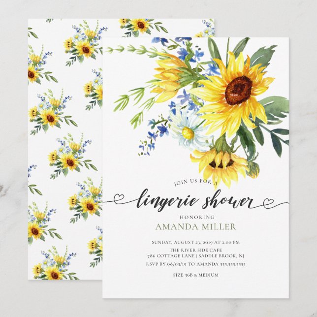 Yellow Sunflower Bridal Lingerie Shower Invitation (Front/Back)