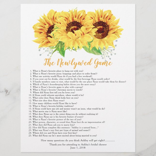 Yellow Sunflower Bridal Shower Games Flyer (Front)