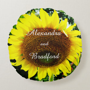 Yellow Sunflower, bride groom customised wedding Round Cushion