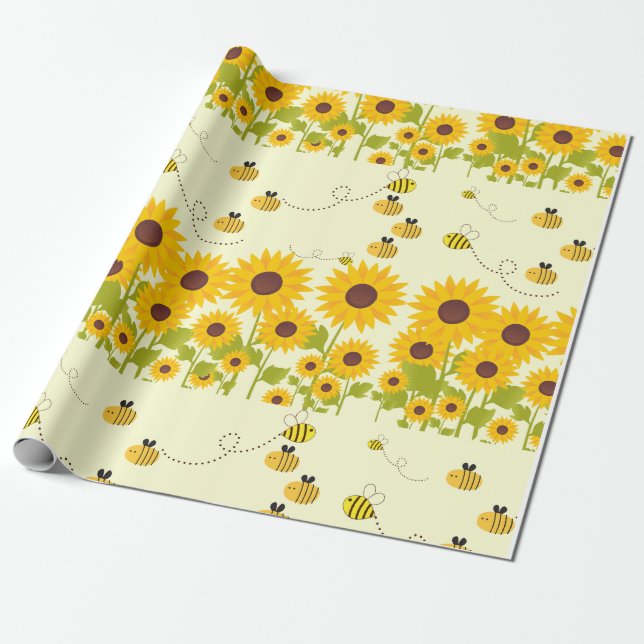 yellow sunflower bumble bee pattern wrapping paper (Unrolled)