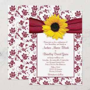 Yellow Sunflower Burgundy Damask Wedding Invitation