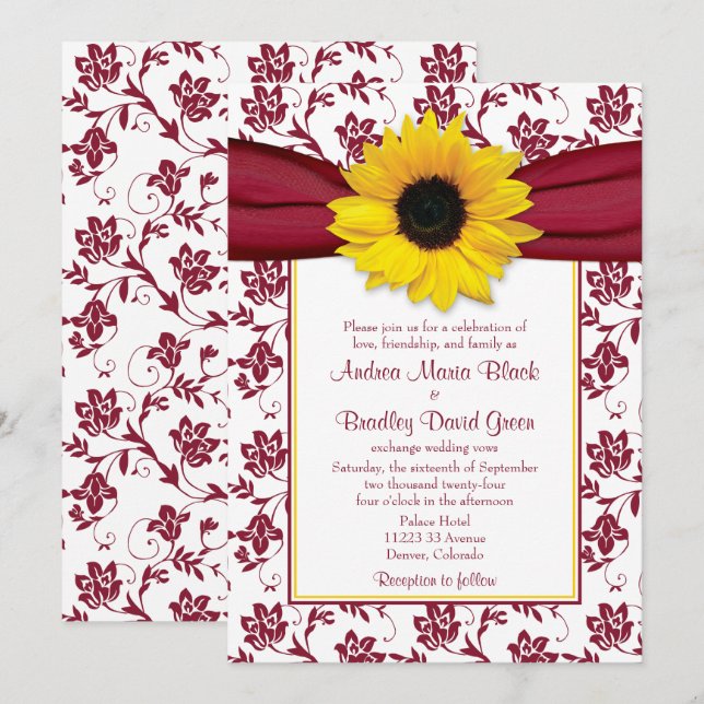 Yellow Sunflower Burgundy Damask Wedding Invitation (Front/Back)
