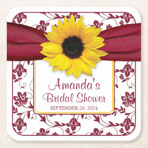 Yellow Sunflower Burgundy Personalised Wedding Square Paper Coaster