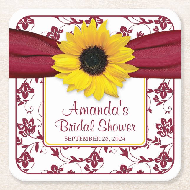 Yellow Sunflower Burgundy Personalised Wedding Square Paper Coaster (Front)