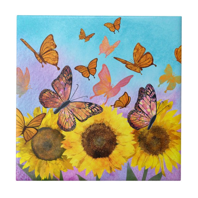 Yellow Sunflower Butterfly Garden Decorative Tile (Front)
