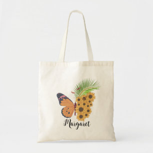 Yellow sunflower Butterfly Personalised Name Tote Bag