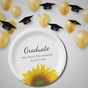 Yellow Sunflower Class of 2025 Graduation Party  Paper Plate