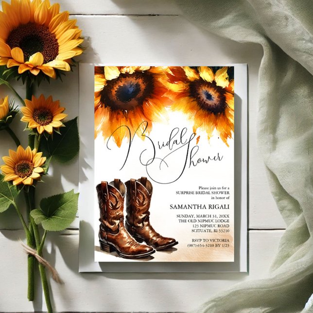 Yellow Sunflower Cowboy Boots Bridal Shower Invitation (Bridal shower invitations watercolor sunflowers and cowboy boots )