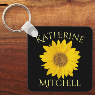 Yellow Sunflower Custom Name Black Key Ring