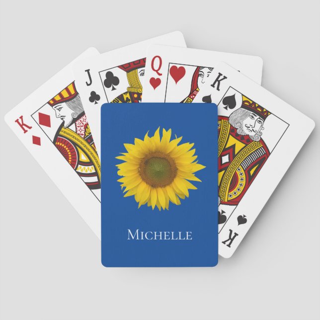 Yellow Sunflower Cute Country Floral Blue Playing Cards (Back)