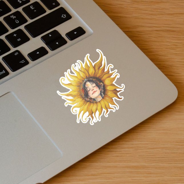 Yellow Sunflower Cute Girls Face in Centre (Big yellow sunflower with girl with brown hair in the center on vinyl sticker.)
