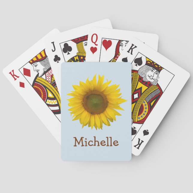 Yellow Sunflower Cute Typography Floral Blue Playing Cards (Back)