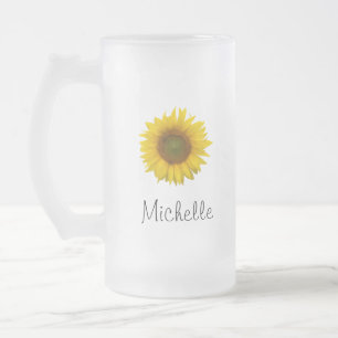 Yellow Sunflower Cute Typography Frosted Glass Beer Mug
