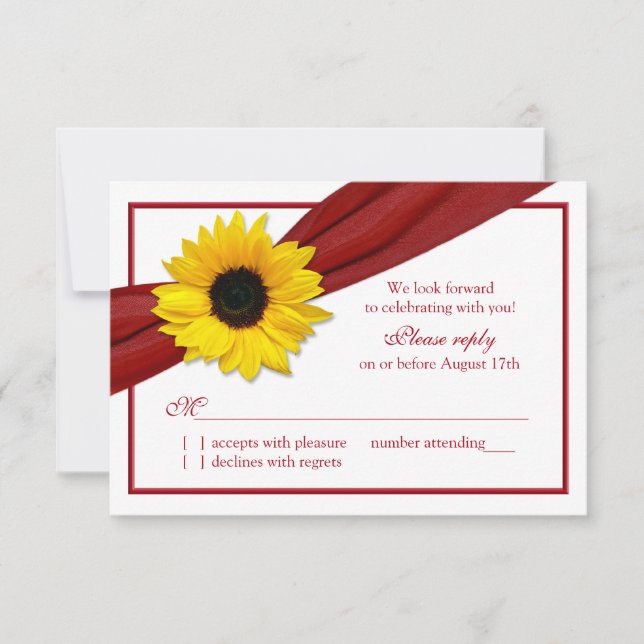 Yellow Sunflower Deep Red Ribbon Wedding RSVP (Front)
